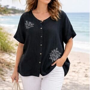 Islander Button-Up Linen Blend Shirt Sz 2X  Floral Embroidered Lagenlook Boho